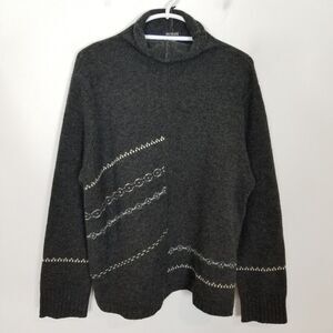 111 State Women 100% Lambs Wool Turtle Neck Pullover Sweater Sz L Gray Printed